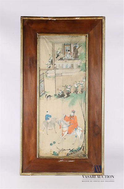 CHINE CHINA 
Suite of three framed silk paintings depicting respectively a soldier...