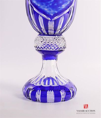 null Bohemian crystal vase tinted blue, the belly decorated with a mandorla-shaped...
