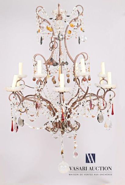 null Chandelier iron cage with twelve arms of light decorated with festoons balls,...