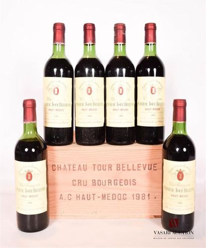 null 6 bouteilles	Château TOUR BELLEVUE	Haut Médoc CB	1981
	Et. un peu tachées. N...