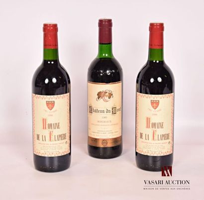 null Lot of 3 bottles including:
 2 bottlesDOMAINE DE LA CLAPIÈRE Côtes de Provence1996
1...