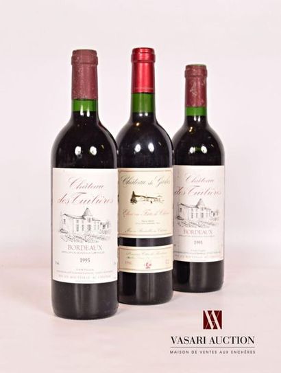 null Lot de 3 bouteilles comprenant : 		
2 bouteilles	Cateau DES TUILIÈRES	Bordeaux	1993
1...