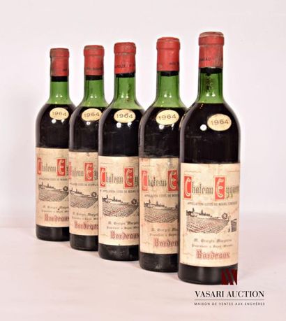 null 5 bouteilles	Château EYQUEM	Côtes de Bourg	1964
	Et. tachées (quelques accrocs)....