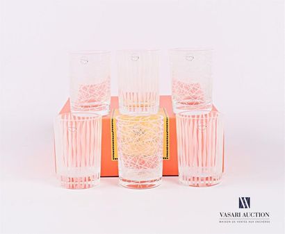 null SALVIATI
Suite of six glass candle holders, three with sandblasted decoration...