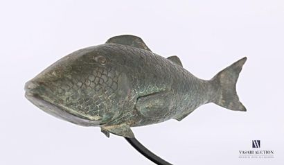 null Bronze subject with a green patina representing a fish supported by a rod connected...
