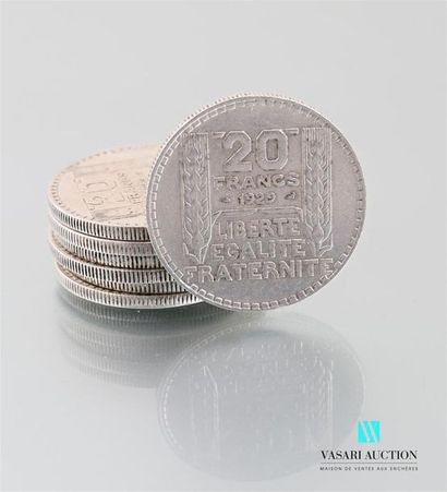 null Lot de sept pièces en argent 20 Francs 1929, République Française Turin 
Poids...