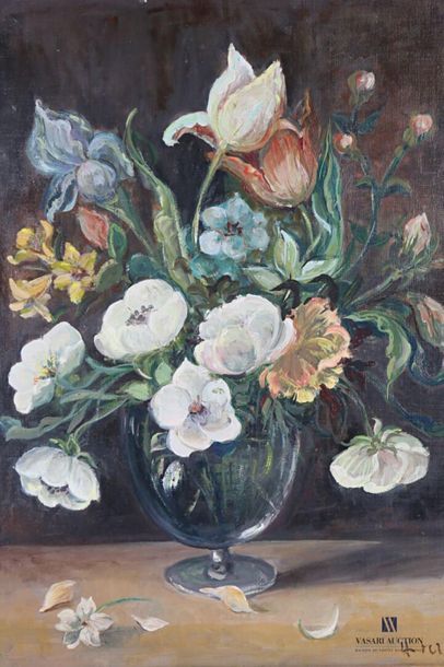 null VERGNE (XXème siècle)
Bouquet de tulipes, iris et anémones
Huile sur toile
Signée...