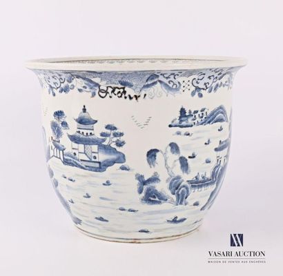 null CHINA
Porcelain potted planter with a blue-white decoration of a 
high architectural...