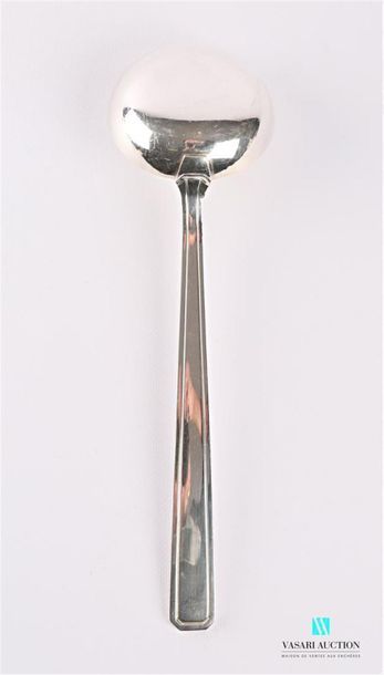 null Silver plated metal ladle, the handle ending with cut sides is decorated with...