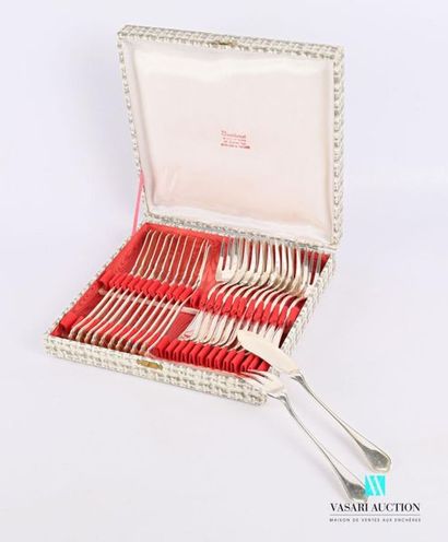 null Suite of twelve silver-plated metal fish cutlery, the trilobal handle decorated...
