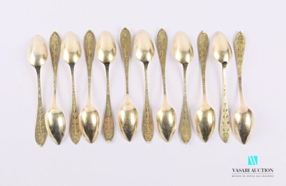 null A suite of twelve 800-thousandths (1819-1838) silver gilt teaspoons, the handle...