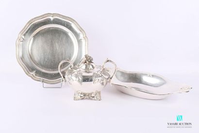 null Set in silver plated metal comprising a round dish with a fretted rim decorated...