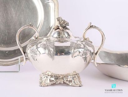 null Set in silver plated metal comprising a round dish with a fretted rim decorated...
