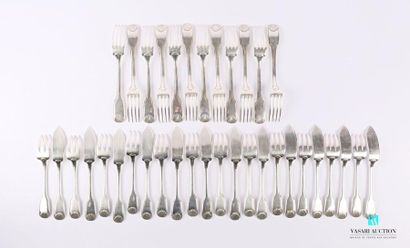 null Set of twelve fish cutlery and twelve silver-plated metal table forks, the handle...