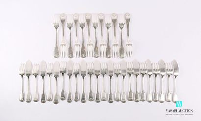 null Set of twelve fish cutlery and twelve silver-plated metal table forks, the handle...