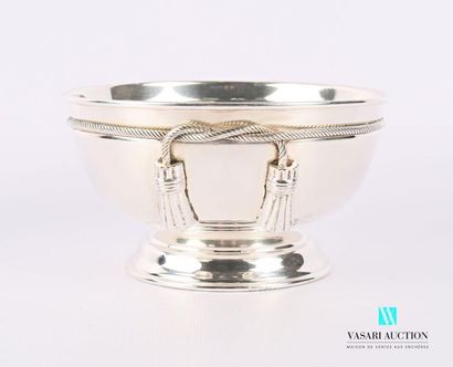 null Cup in silvery metal resting on a pedestal base, the plain belly decorated with...