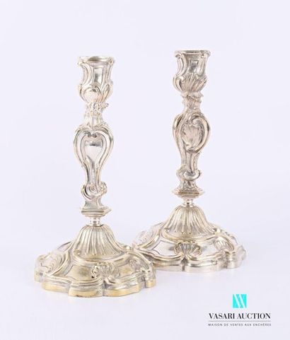 null Pair of silvered bronze torches resting on a fretworked base decorated with...