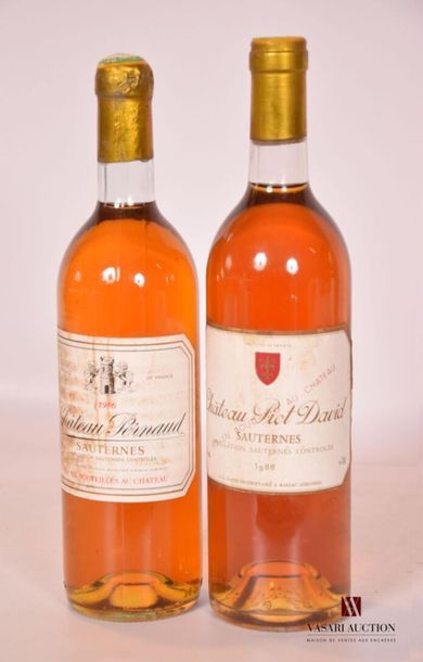 null Lot de 2 bouteilles comprenant :		
	1 bouteille	Château PIOT DAVID	Sauternes	1988
	1...
