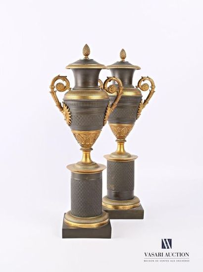 null Paire de vases en bronze à double patine vert antique et doré, le vase de forme...