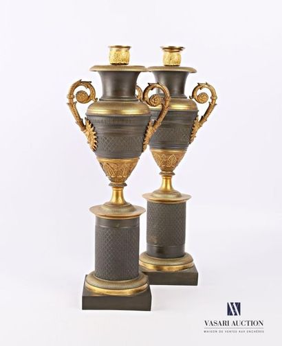 null Paire de vases en bronze à double patine vert antique et doré, le vase de forme...