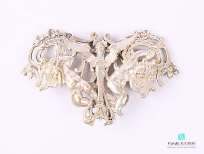 null Silver plated metal cape buckle with an openwork decoration featuring a winged...
