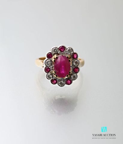null Two-tone 750 thousandths gold ring set with an oval-shaped unheated ruby calibrating...