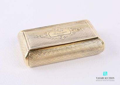 null A rectangular gilt silver snuffbox, the hinged lid features a cartouche inscribed...