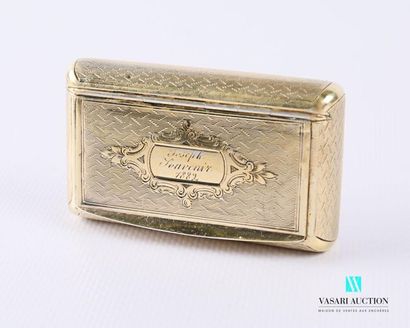 null A rectangular gilt silver snuffbox, the hinged lid features a cartouche inscribed...