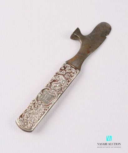 null Steel pill knife, the handle decorated with embossed silver plates with monogrammed...