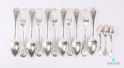 null A suite of five table settings and a silver table spoon, the single-flat handle...