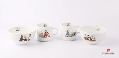 null HERGE MOULINSART 
Deux mugs et deux bols en porcelaine polychrome illustrant...