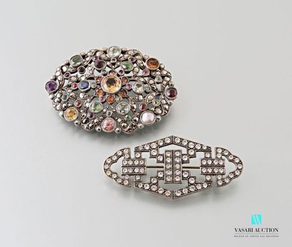 null Two brooches: 
One in silver set with colored glass imitating fine stones and...