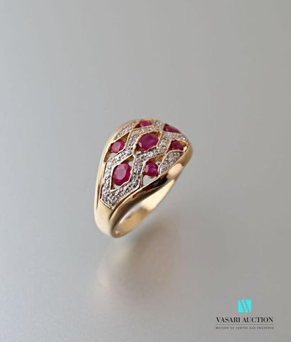 null Dome ring in 750 thousandths yellow gold set with rubies in diamond paved diamond...