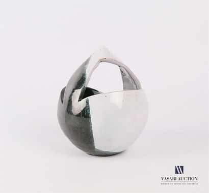 null Ceramic vase in the shape of a stylized basket with a grey/green/black metallic...