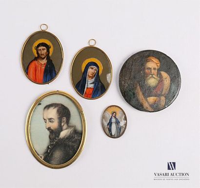 null Set of four miniatures comprising a pair of glass paintings depicting Christ...