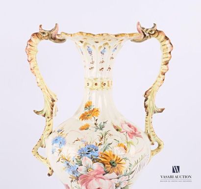 null Vase and its support in white earthenware with polychrome decoration of flowers,...