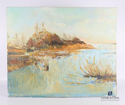 null VERGNE Huguette (XXth century) Lake
landscape
Oil on canvas
Signed on the stretcher
65...