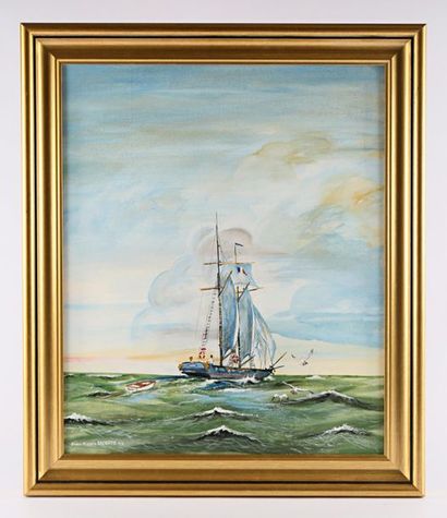 null Set of three paintings comprising : 
LACOSTE Jean Pierre - Sailboat at sea -...