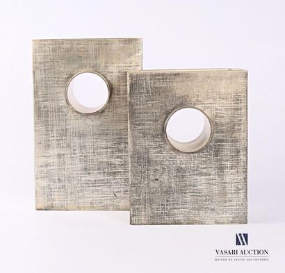 null Pair of brushed aluminium vases of rectangular shape with a hole in the upper...