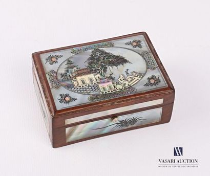 null Wooden box with burgundy decoration of a sinuous landscape in a medallion on...