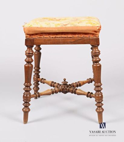 null Moulded natural wood stool, the square seat decorated with a tapestry in small...