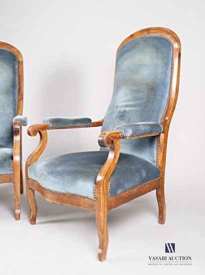 null Pair of Voltaire armchairs in natural wood, curved backrest, armrests with cuffs,...