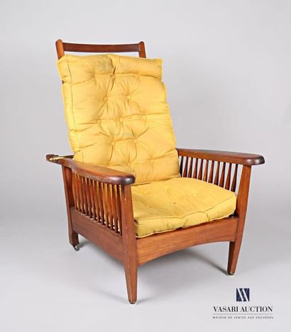 null Mahogany armchair, the straight backrest tilts to three notches with a brass...