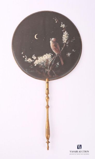 null Round shaped screen with painted decoration on fabric of a bird on a branch...