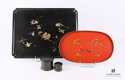 null Set comprising two lacquered wooden trays, one black lacquered rectangular with...