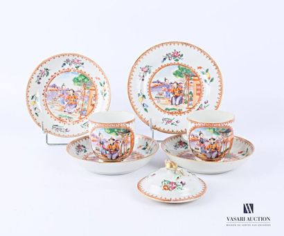 null CHINA 
White porcelain set with polychrome decoration of a palace scene comprising...