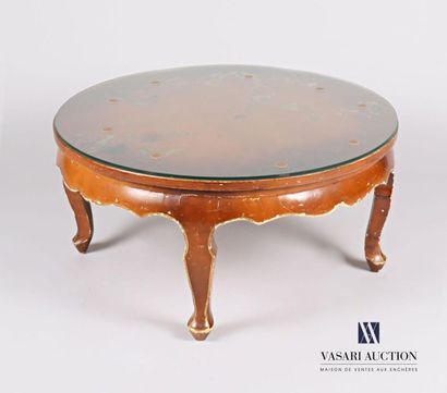 null Coffee table in stained wood, the top is round with a painted decoration of...