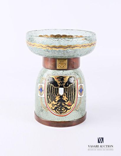 null Bubbled glass bowl resting on a bell base decorated with a coat of arms depicting...