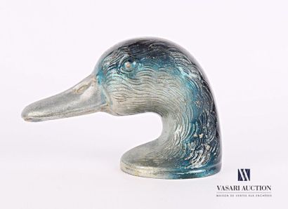 null Bronze bottle opener with silver patina and painted blue in the shape of a duck's...