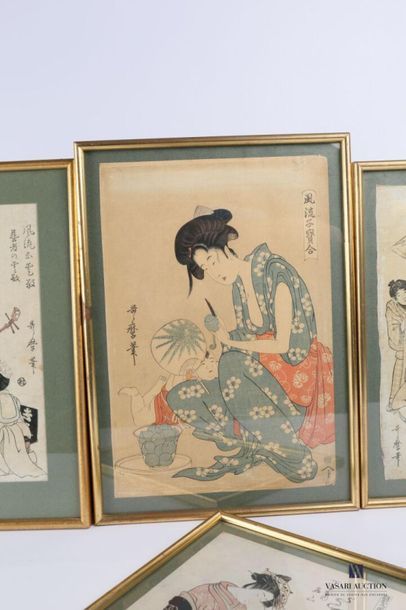null Set of four framed Japanese prints depicting scenes from the daily life of geishas...